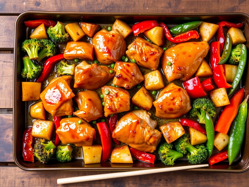 Sheet Pan Teriyaki Chicken and Vegetables Recipe Sheet pan teriyaki chicken with roasted vegetables including bell peppers, broccoli, and snap peas.
